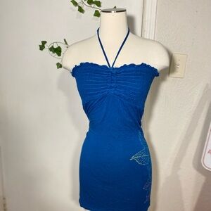 Miken Royal Blue Strapless Dress with Floral Design Print